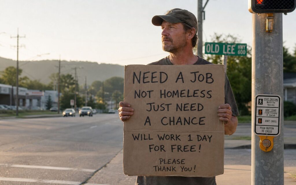 He stood on the corner with a sign asking for a job