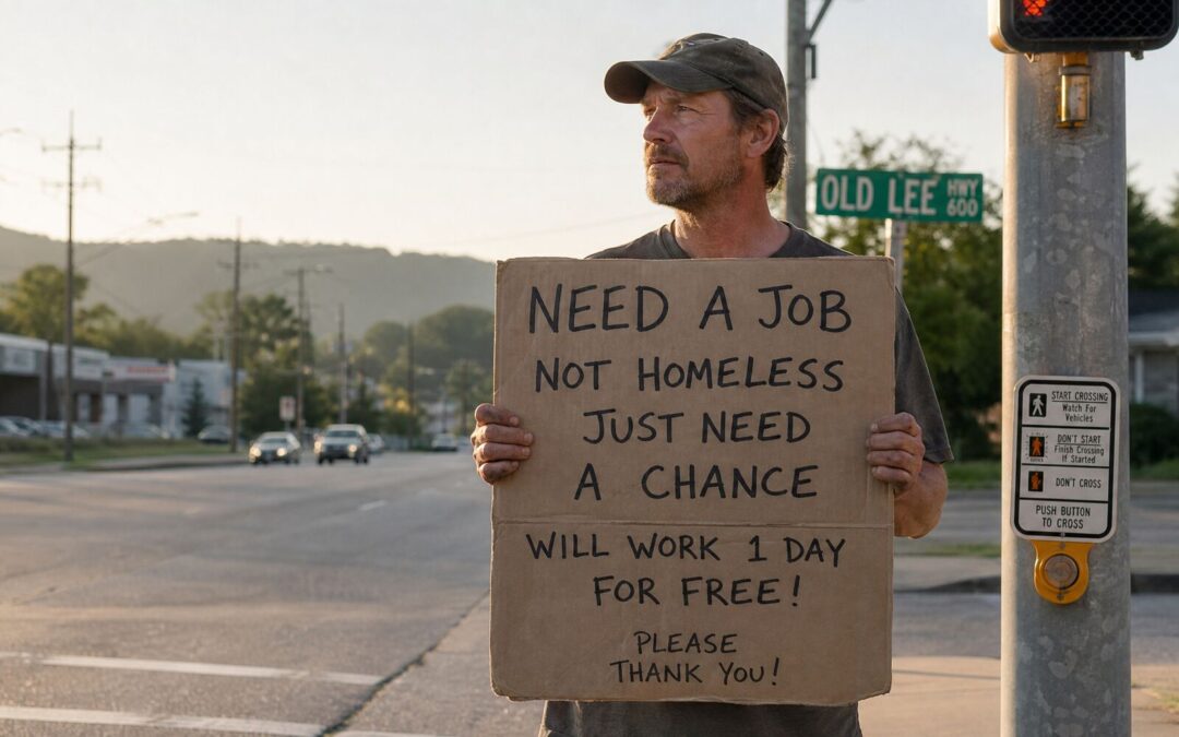 He stood on the corner with a sign asking for a job