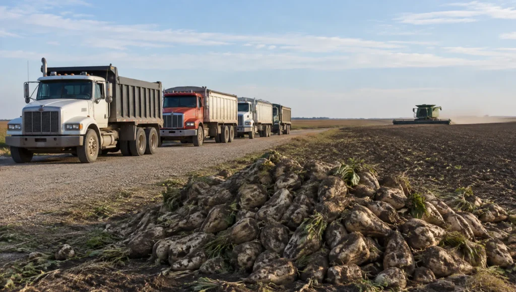 Dozens of trucks came to finish his beet harvest